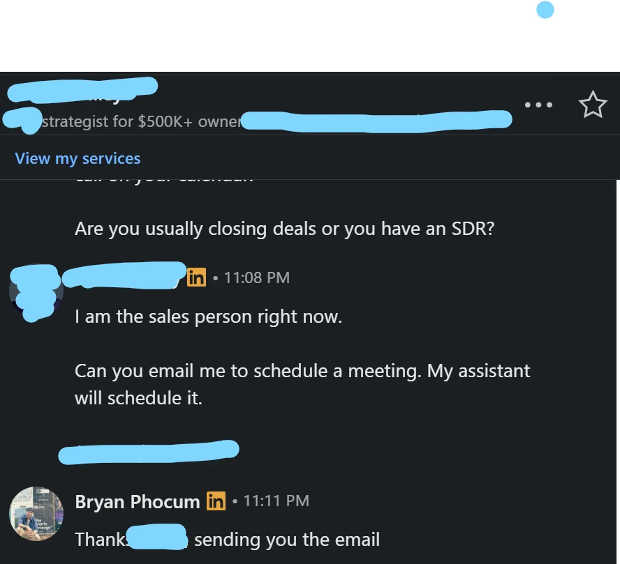 Original screenshot: I am the sales person right now. Can you email me to schedule a meeting. My assistant will schedule it.